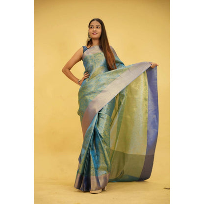 Isadora Life Womens Floral Zari Blue Pre-Draped Saree With Unstitched Blouse