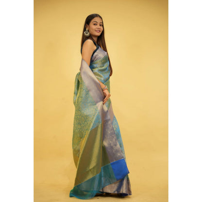 Isadora Life Womens Floral Zari Blue Pre-Draped Saree With Unstitched Blouse