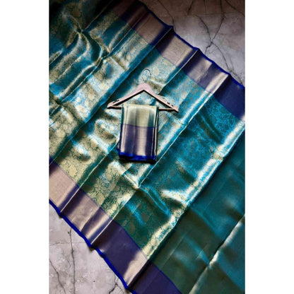Isadora Life Womens Floral Zari Blue Pre-Draped Saree With Unstitched Blouse