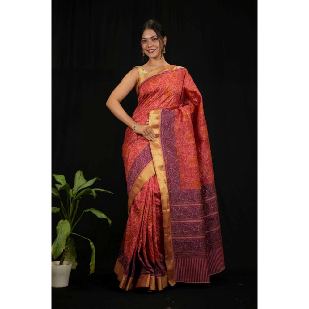 Isadora Life Womens Printed Red Pre-Draped Saree With Unstitched Blouse
