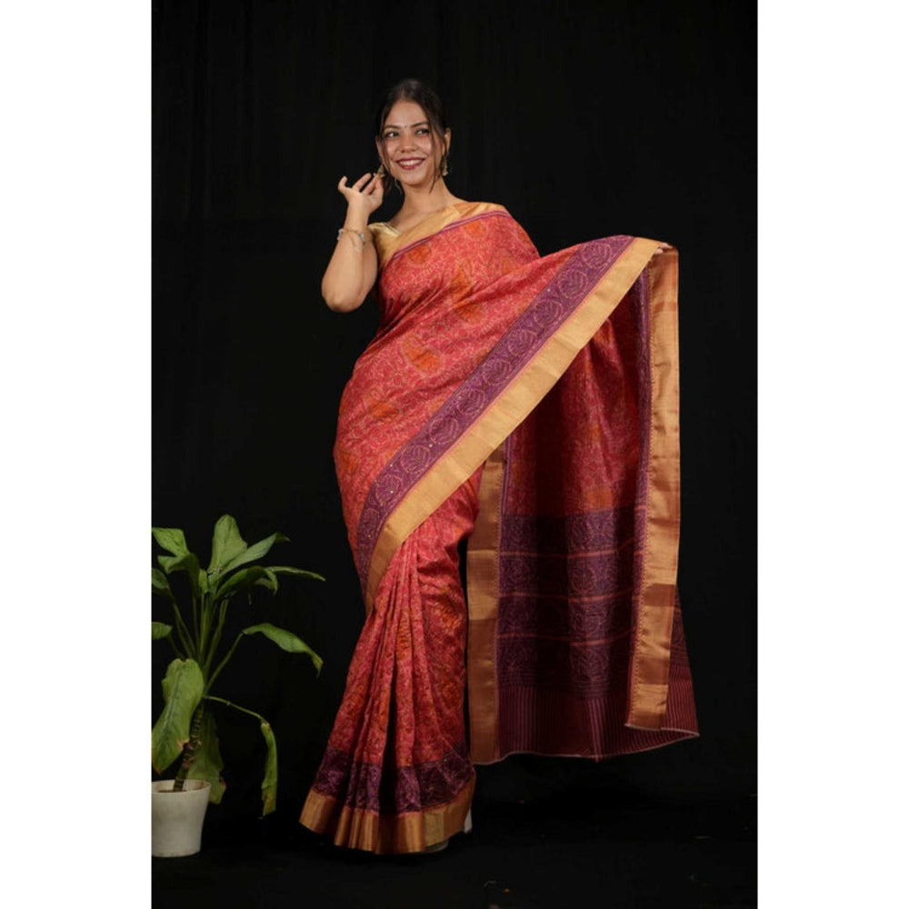 Isadora Life Womens Printed Red Pre-Draped Saree With Unstitched Blouse