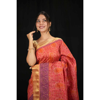 Isadora Life Womens Printed Red Pre-Draped Saree With Unstitched Blouse