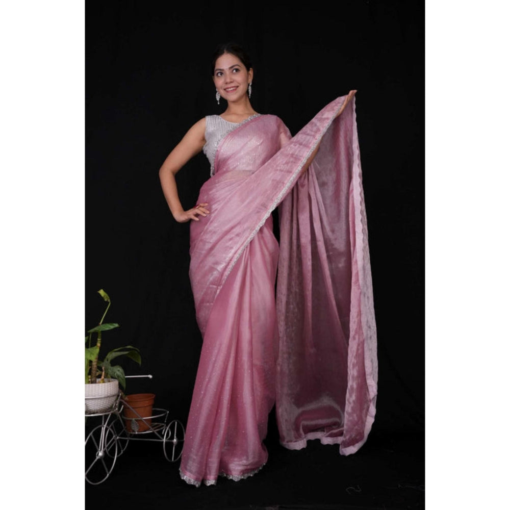 Isadora Life Womens Sequined Lace Work Pink Pre-Draped Saree With Unstitched Blouse