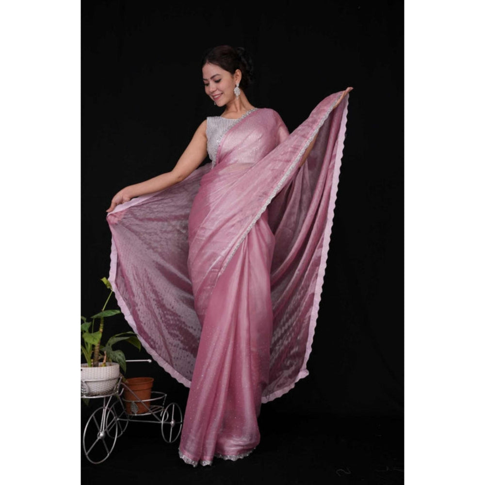 Isadora Life Womens Sequined Lace Work Pink Pre-Draped Saree With Unstitched Blouse