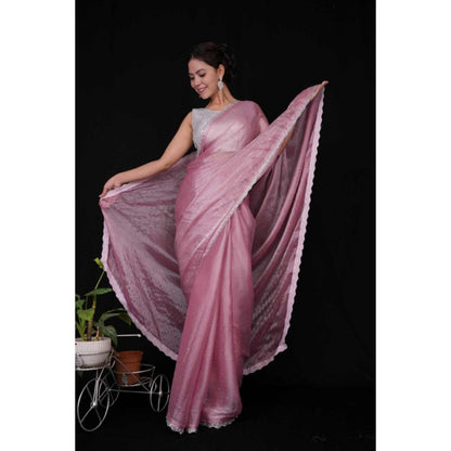 Isadora Life Womens Sequined Lace Work Pink Pre-Draped Saree With Unstitched Blouse