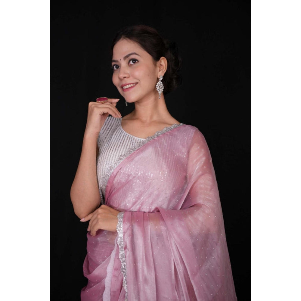 Isadora Life Womens Sequined Lace Work Pink Pre-Draped Saree With Unstitched Blouse
