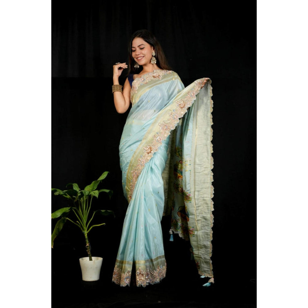Isadora Life Womens Embroidered Sequined Blue Pre-Draped Saree With Unstitched Blouse