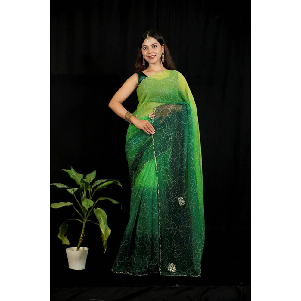 Isadora Life Womens Ombre Bandhani Green Pre-Draped Saree With Unstitched Blouse