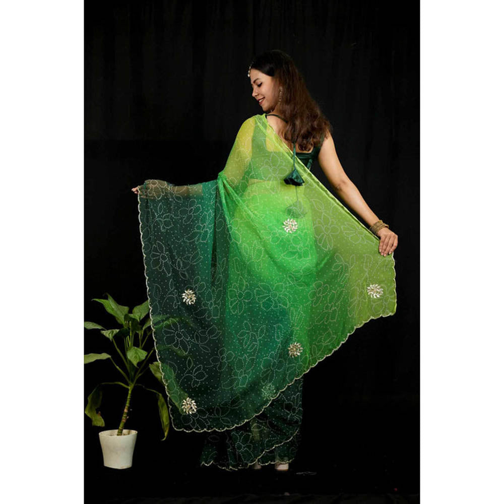 Isadora Life Womens Ombre Bandhani Green Pre-Draped Saree With Unstitched Blouse