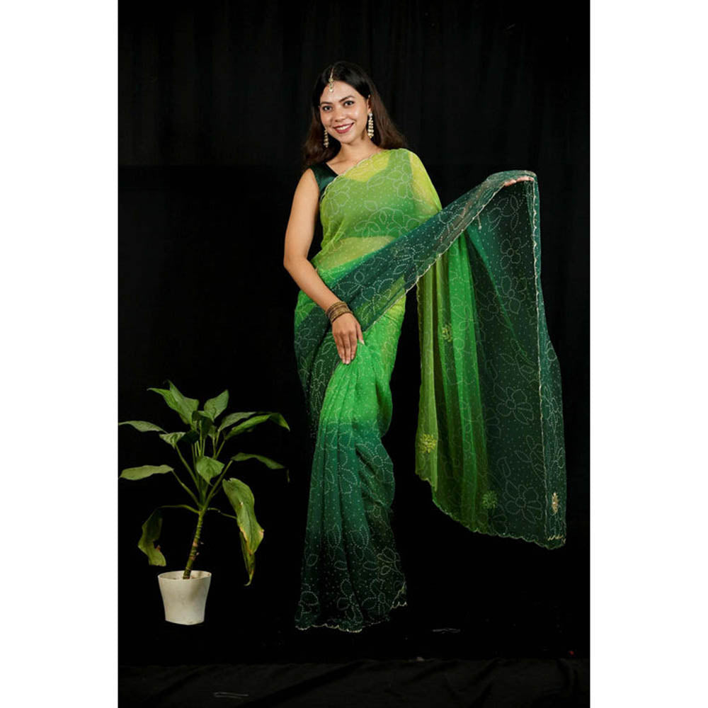 Isadora Life Womens Ombre Bandhani Green Pre-Draped Saree With Unstitched Blouse