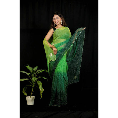 Isadora Life Womens Ombre Bandhani Green Pre-Draped Saree With Unstitched Blouse