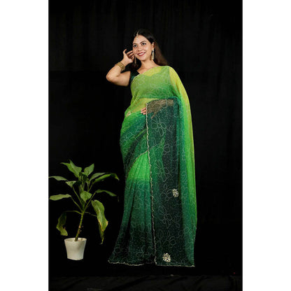 Isadora Life Womens Ombre Bandhani Green Pre-Draped Saree With Unstitched Blouse
