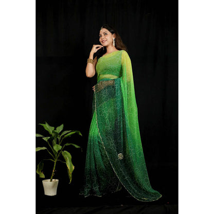 Isadora Life Womens Ombre Bandhani Green Pre-Draped Saree With Unstitched Blouse