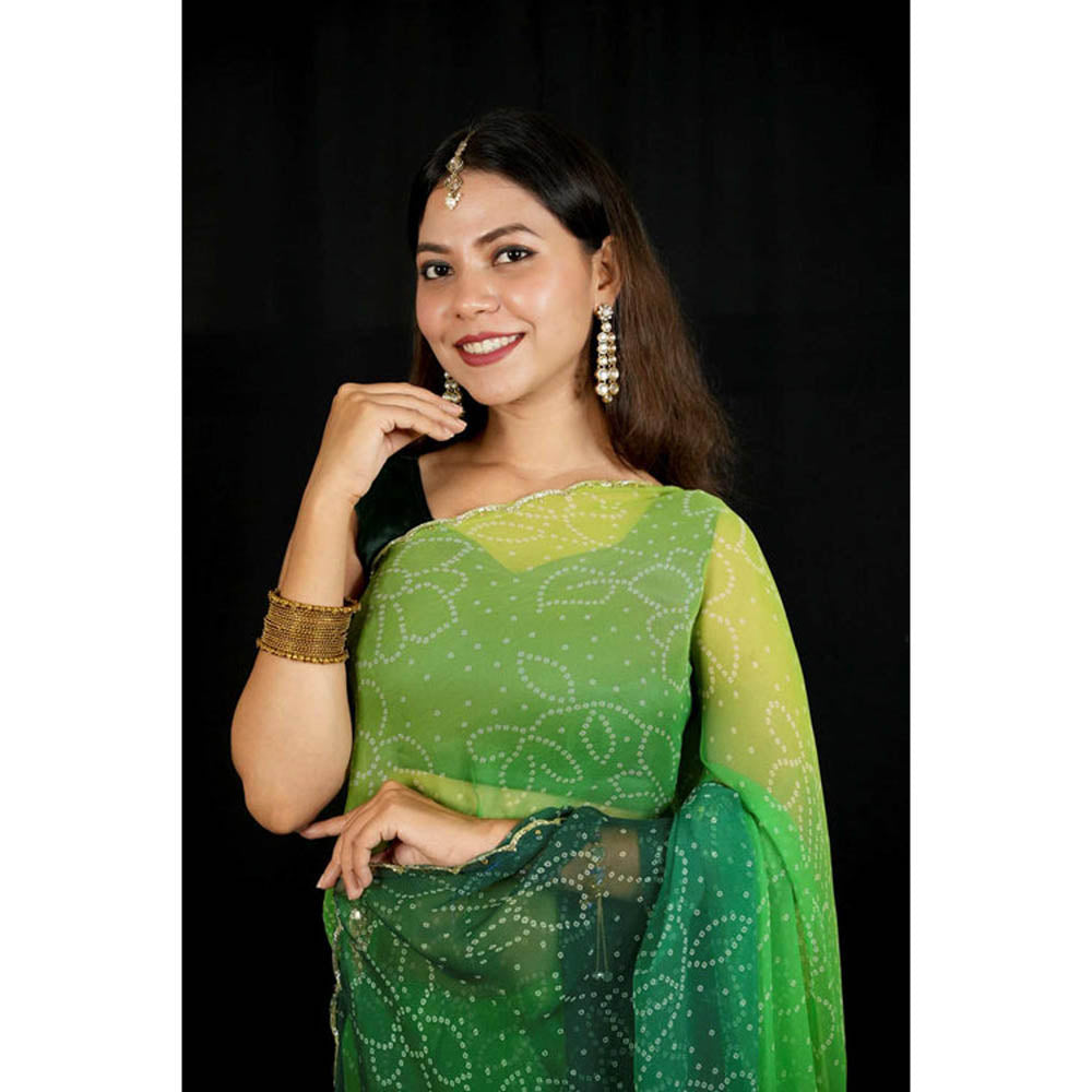 Isadora Life Womens Ombre Bandhani Green Pre-Draped Saree With Unstitched Blouse