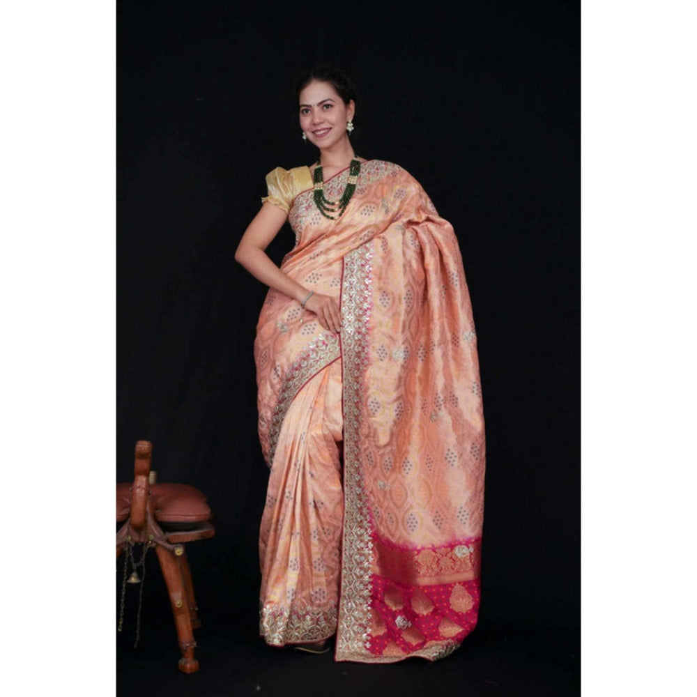 Isadora Life Womens Bandhani Printed Peach Pre-Draped Saree With Unstitched Blouse