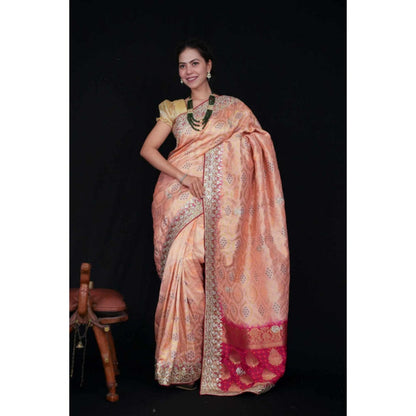 Isadora Life Womens Bandhani Printed Peach Pre-Draped Saree With Unstitched Blouse