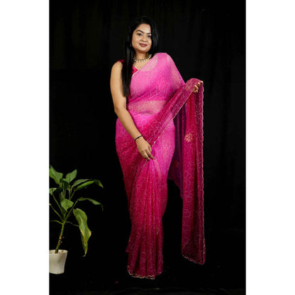 Isadora Life Womens Bandhani Printed Pink Pre-Draped Saree With Unstitched Blouse