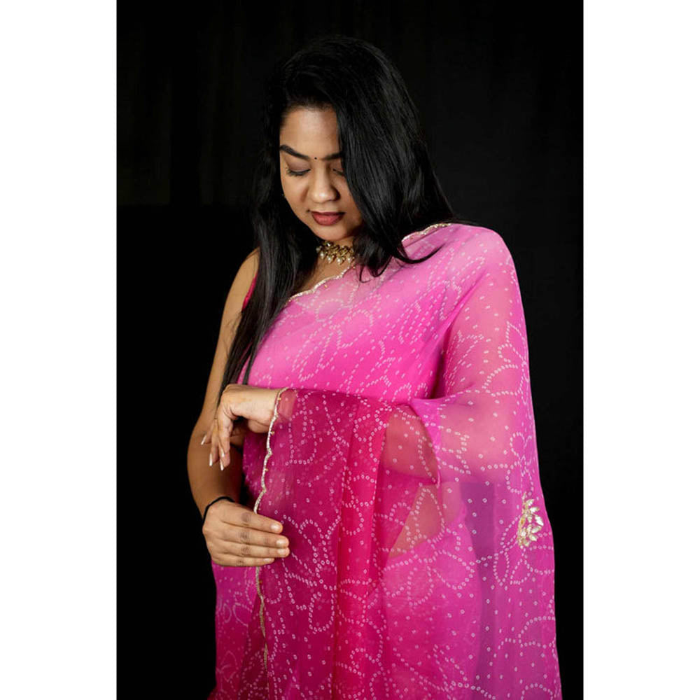 Isadora Life Womens Bandhani Printed Pink Pre-Draped Saree With Unstitched Blouse