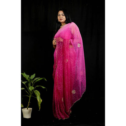 Isadora Life Womens Bandhani Printed Pink Pre-Draped Saree With Unstitched Blouse