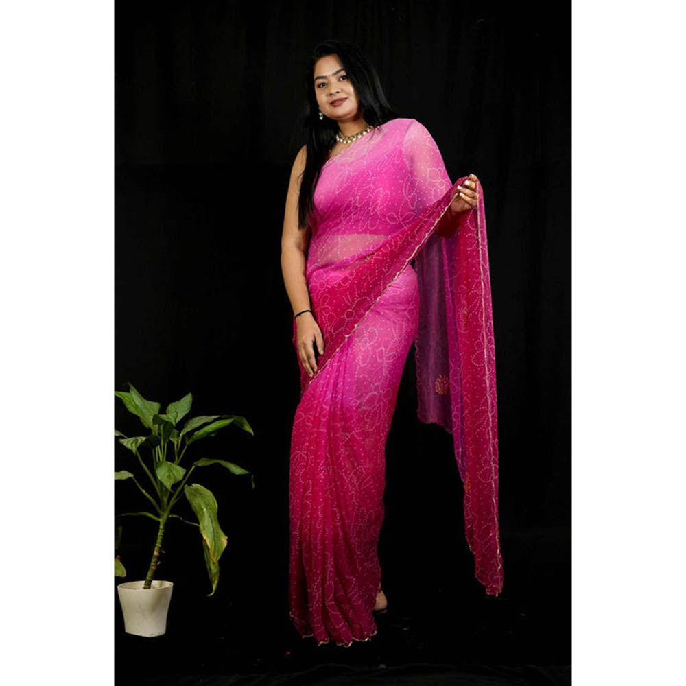 Isadora Life Womens Bandhani Printed Pink Pre-Draped Saree With Unstitched Blouse