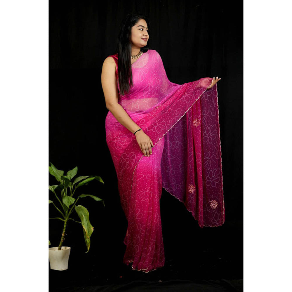 Isadora Life Womens Bandhani Printed Pink Pre-Draped Saree With Unstitched Blouse