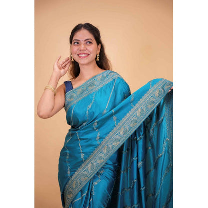 Isadora Life Womens Sequined Zari Blue Pre-Draped Saree With Unstitched Blouse