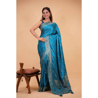 Isadora Life Womens Sequined Zari Blue Pre-Draped Saree With Unstitched Blouse