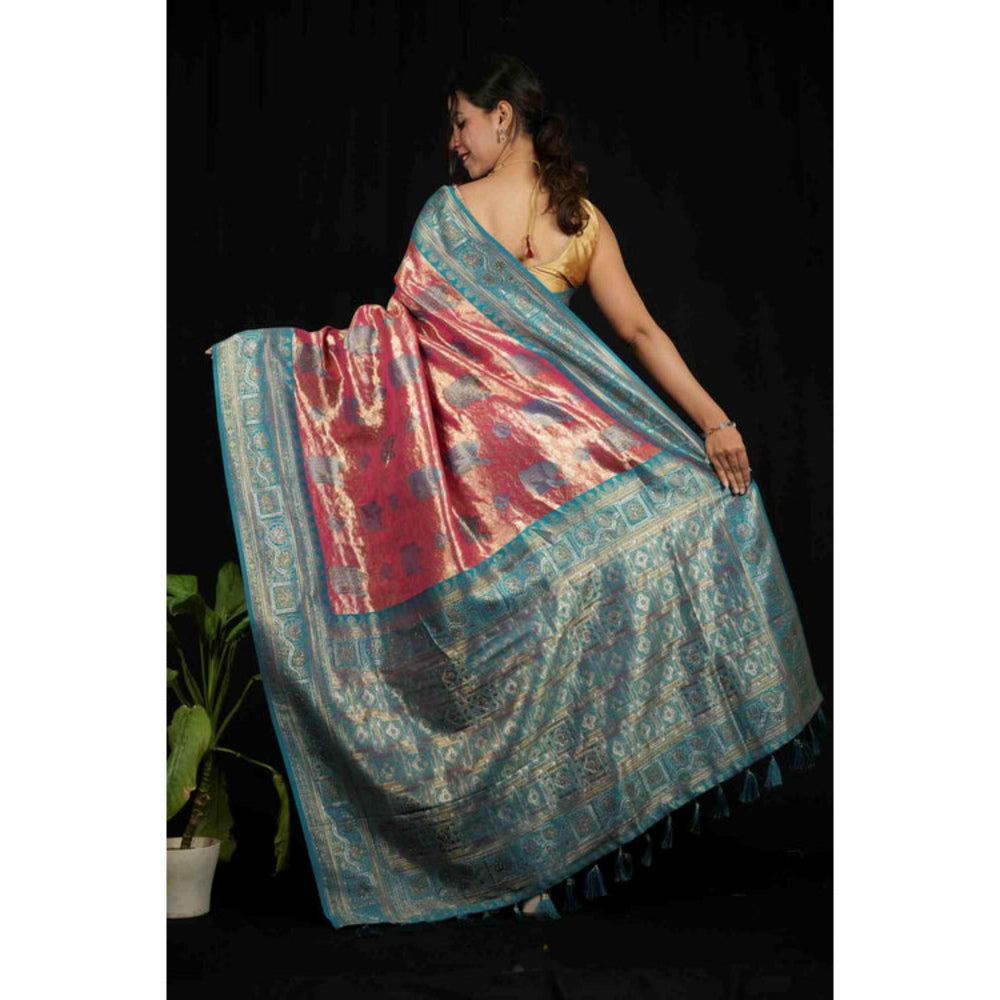 Isadora Life Womens Woven Zari Pink Pre-Draped Saree With Unstitched Blouse