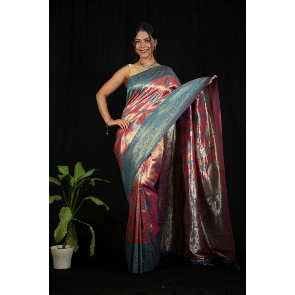 Isadora Life Womens Woven Zari Pink Pre-Draped Saree With Unstitched Blouse