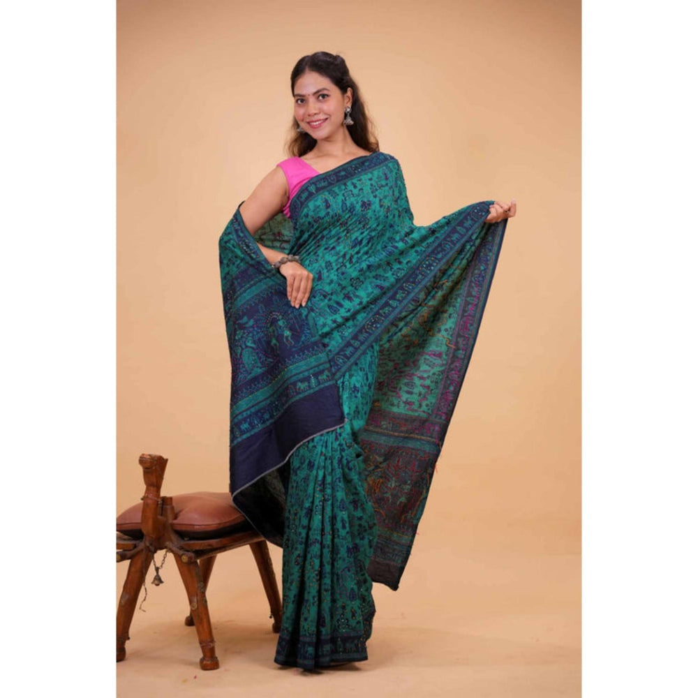 Isadora Life Womens Printed Embroidered Blue Pre-Draped Saree With Unstitched Blouse