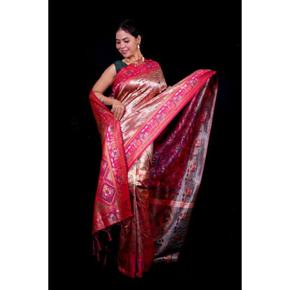 Isadora Life Womens Woven Zari Pink Pre-Draped Saree With Unstitched Blouse
