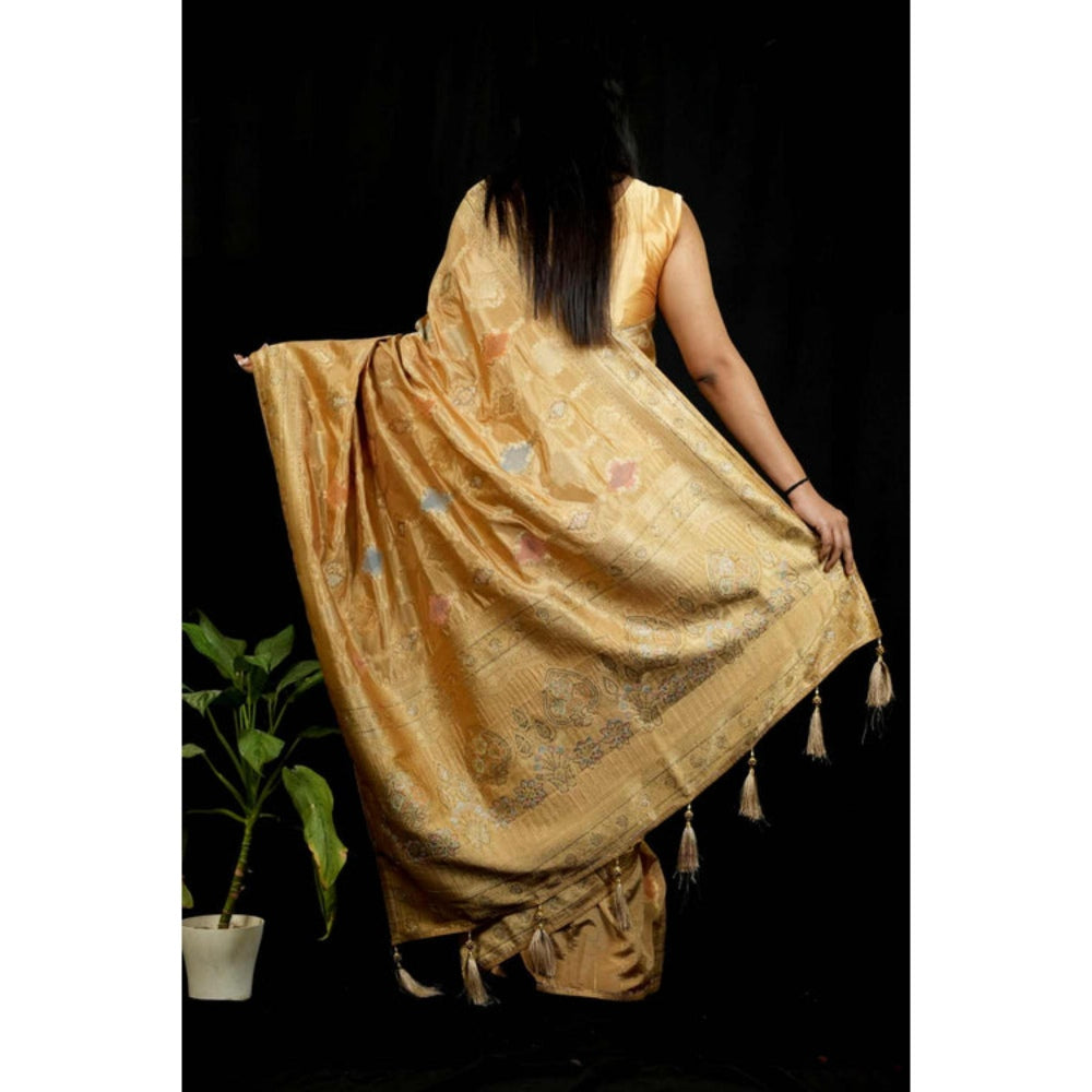 Isadora Life Womens Woven Tassels Gold Pre-Draped Saree With Unstitched Blouse