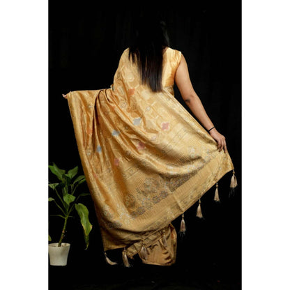 Isadora Life Womens Woven Tassels Gold Pre-Draped Saree With Unstitched Blouse