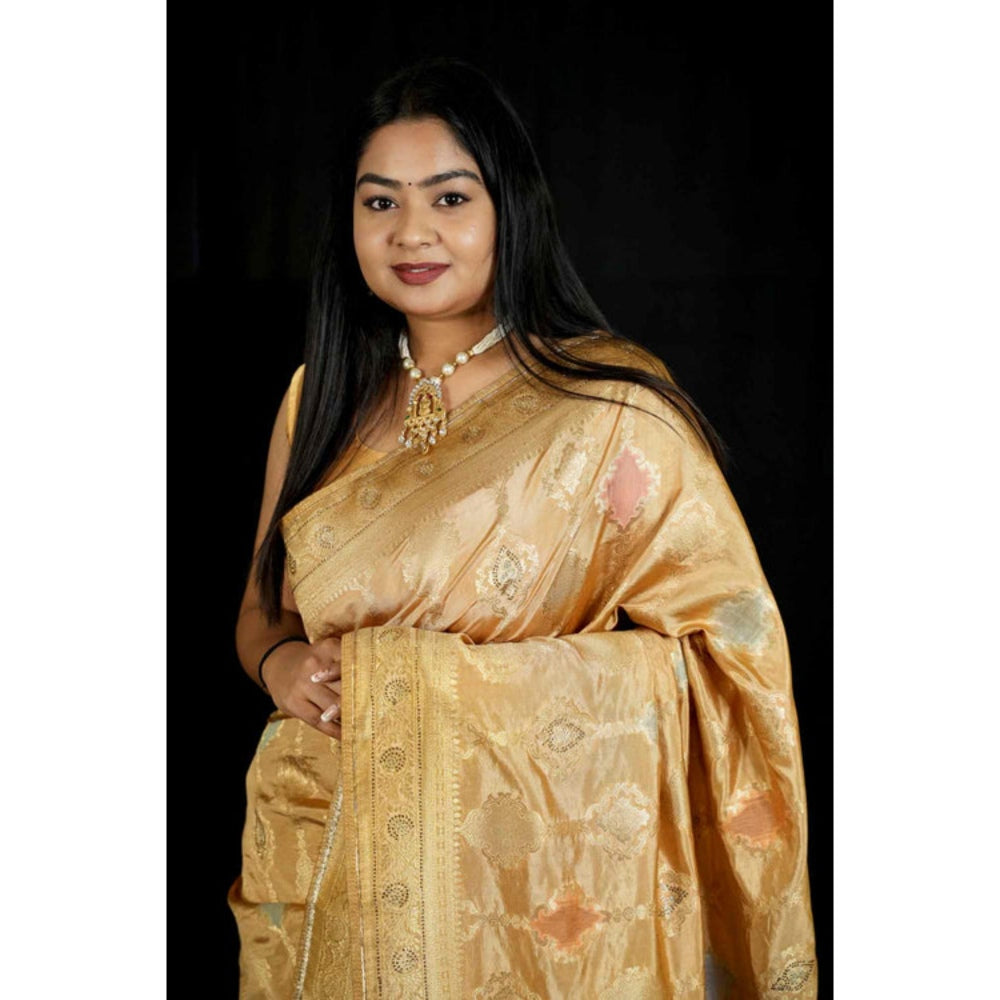 Isadora Life Womens Woven Tassels Gold Pre-Draped Saree With Unstitched Blouse