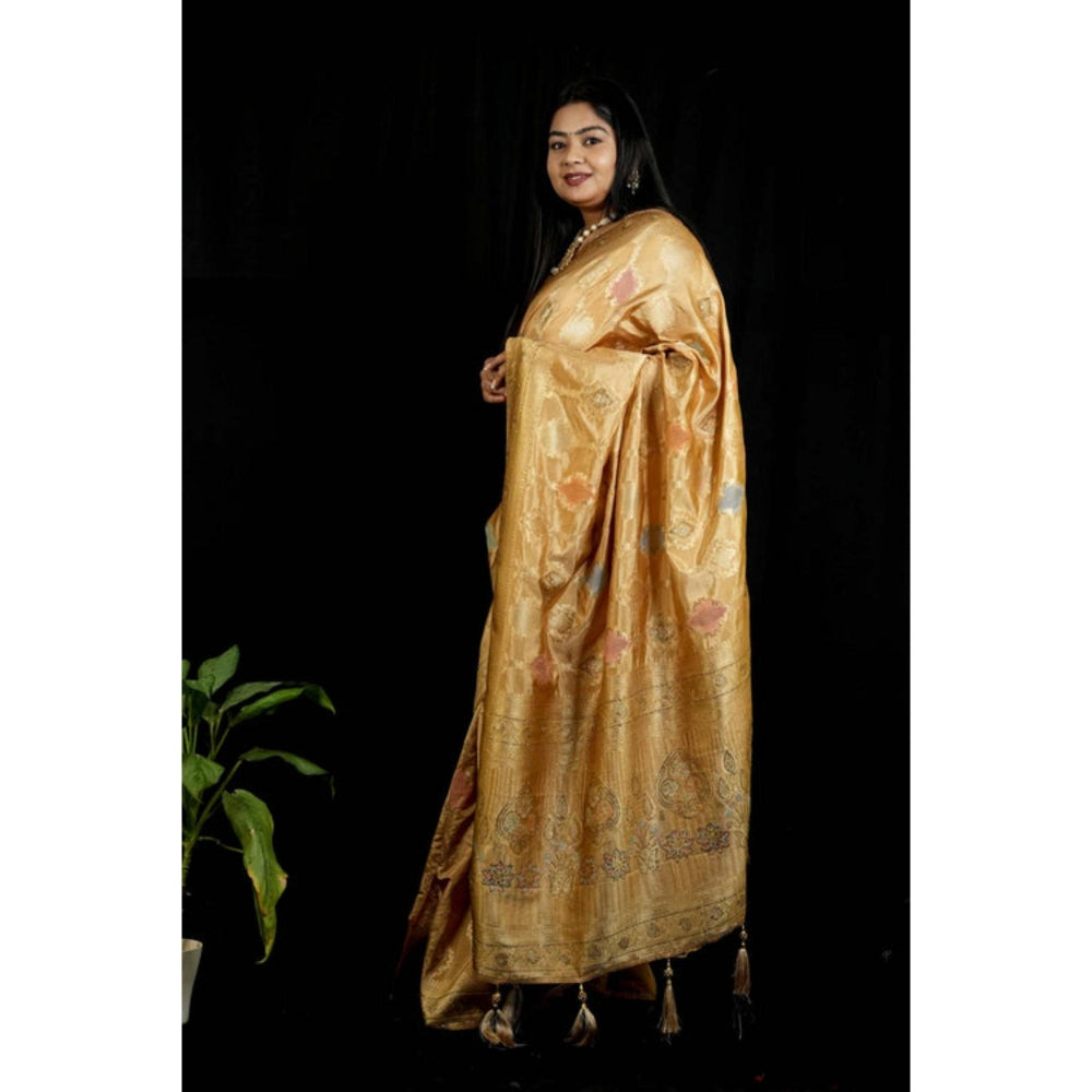 Isadora Life Womens Woven Tassels Gold Pre-Draped Saree With Unstitched Blouse