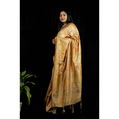 Isadora Life Womens Woven Tassels Gold Pre-Draped Saree With Unstitched Blouse