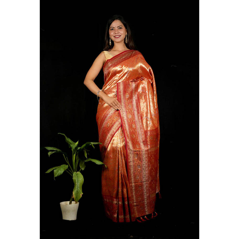 Isadora Life Womens Woven Zari Orange Pre-Draped Saree With Unstitched Blouse