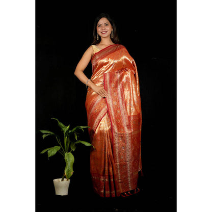 Isadora Life Womens Woven Zari Orange Pre-Draped Saree With Unstitched Blouse