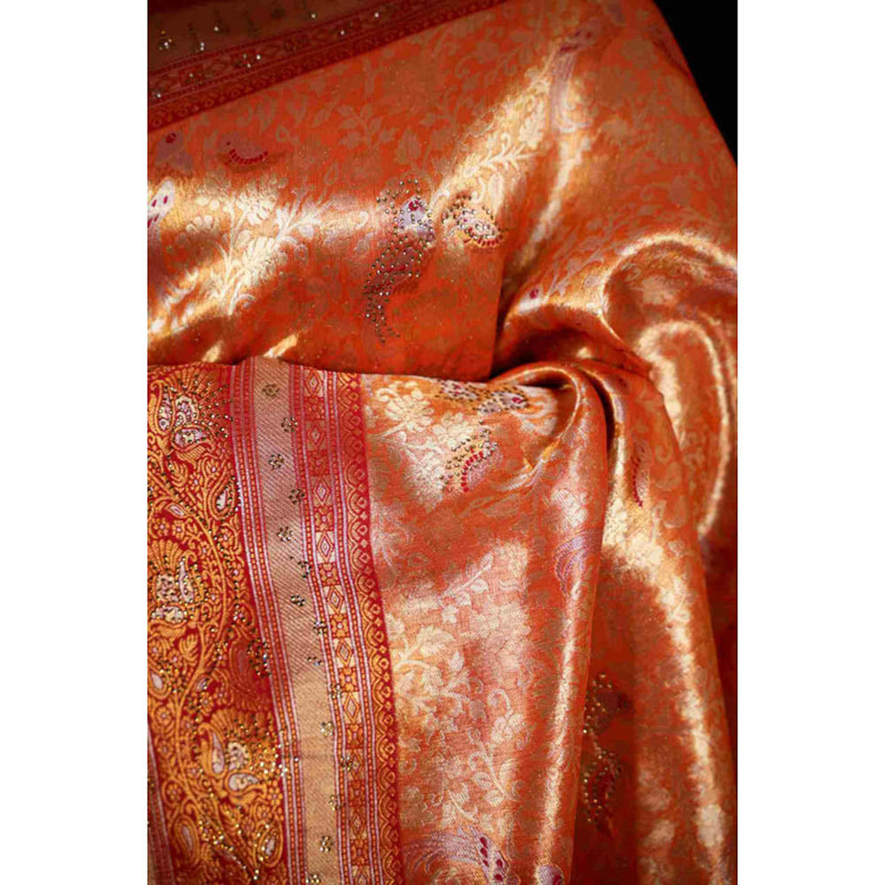 Isadora Life Womens Woven Zari Orange Pre-Draped Saree With Unstitched Blouse