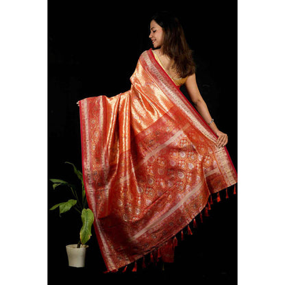 Isadora Life Womens Woven Zari Orange Pre-Draped Saree With Unstitched Blouse