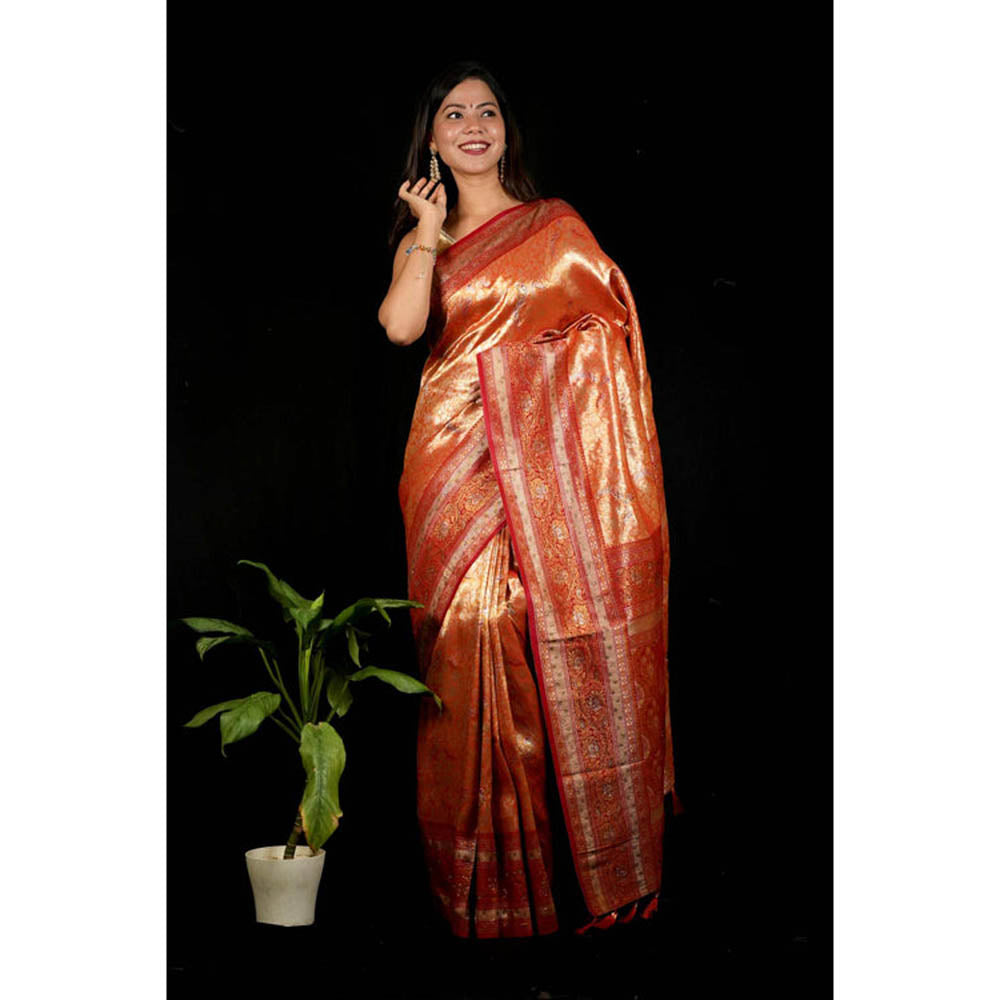 Isadora Life Womens Woven Zari Orange Pre-Draped Saree With Unstitched Blouse
