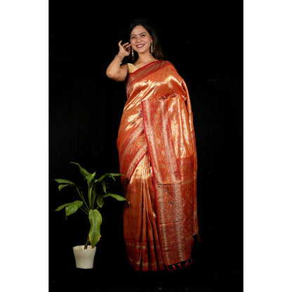 Isadora Life Womens Woven Zari Orange Pre-Draped Saree With Unstitched Blouse