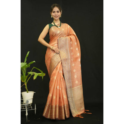 Isadora Life Womens Woven Zari Orange Pre-Draped Saree With Unstitched Blouse