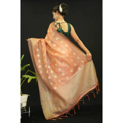 Isadora Life Womens Woven Zari Orange Pre-Draped Saree With Unstitched Blouse