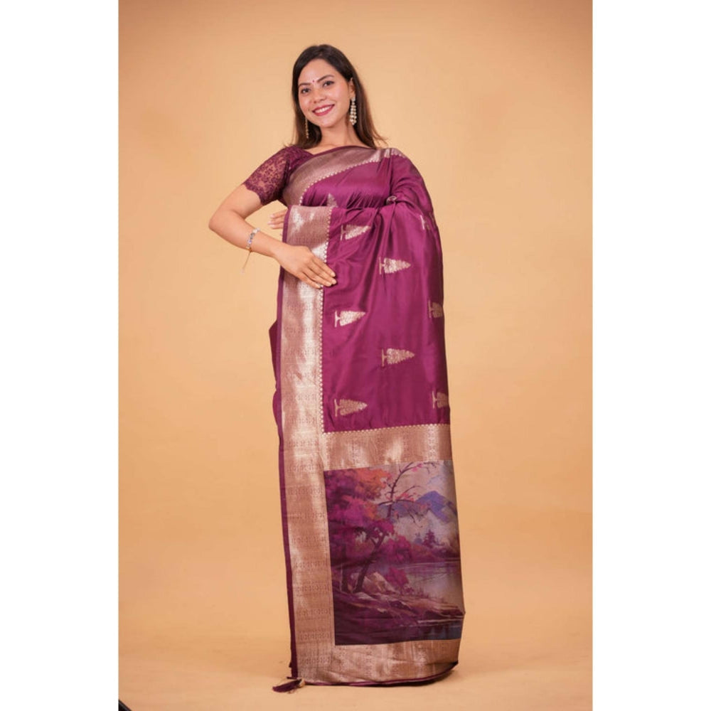 Isadora Life Womens Woven Zari Purple Pre-Draped Saree With Unstitched Blouse