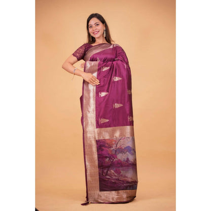 Isadora Life Womens Woven Zari Purple Pre-Draped Saree With Unstitched Blouse
