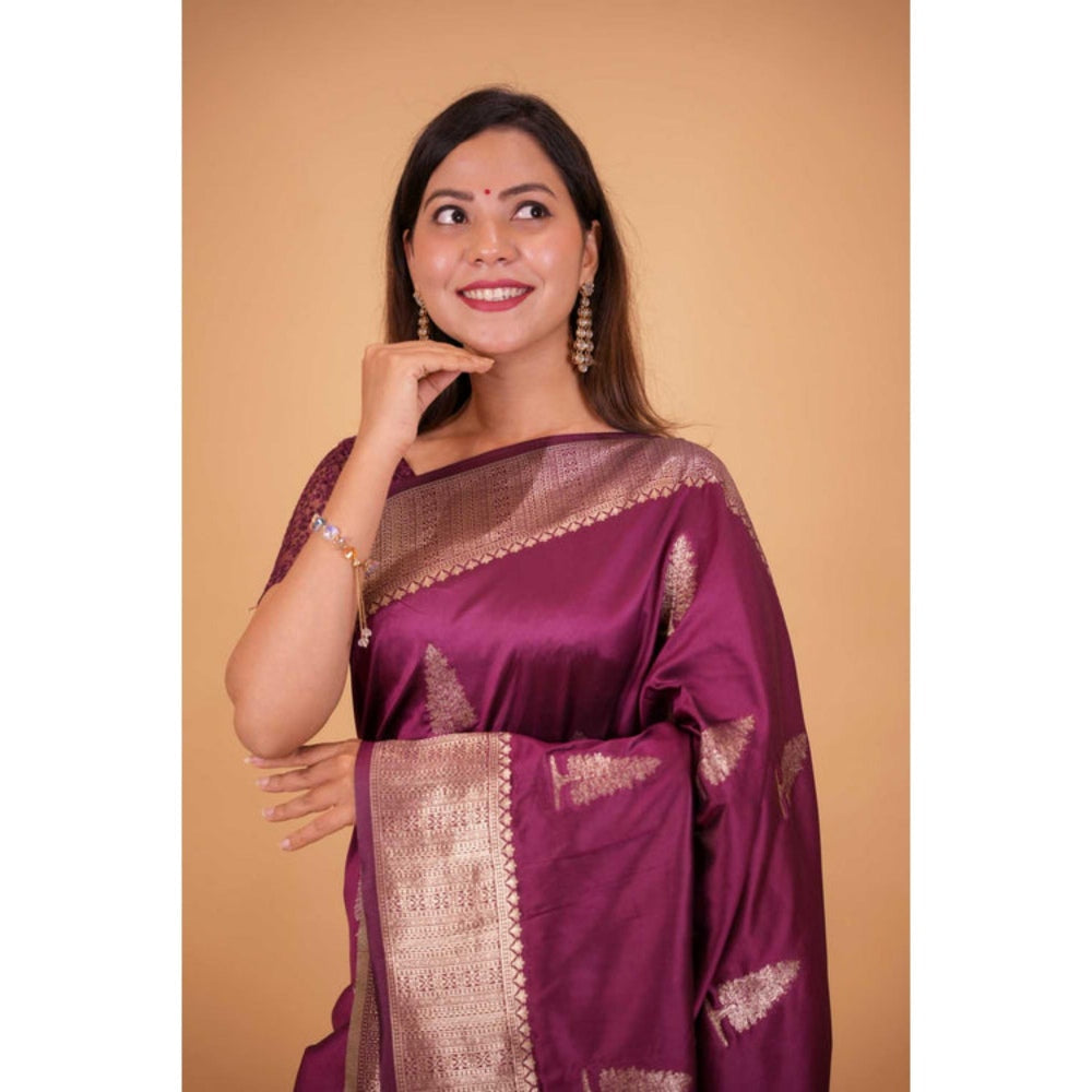 Isadora Life Womens Woven Zari Purple Pre-Draped Saree With Unstitched Blouse