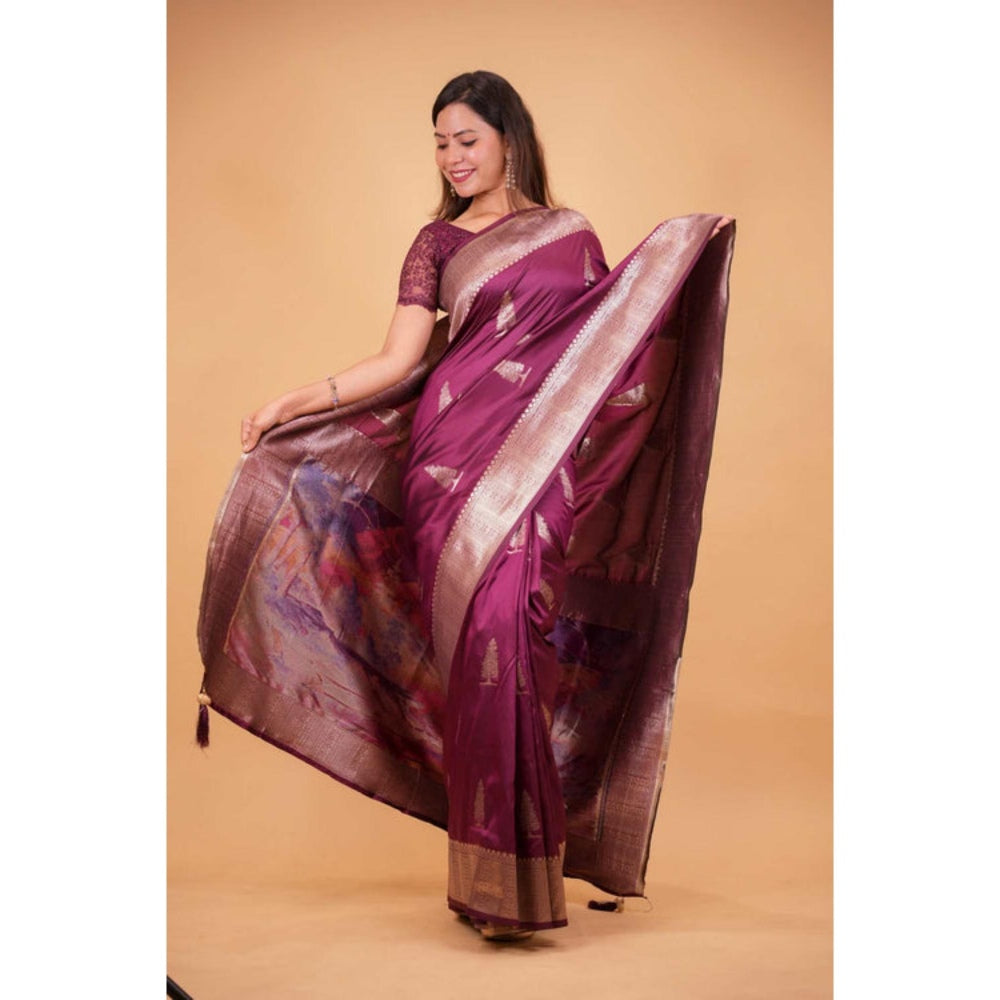 Isadora Life Womens Woven Zari Purple Pre-Draped Saree With Unstitched Blouse