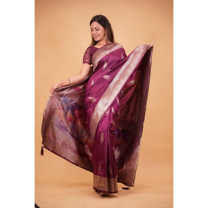 Isadora Life Womens Woven Zari Purple Pre-Draped Saree With Unstitched Blouse