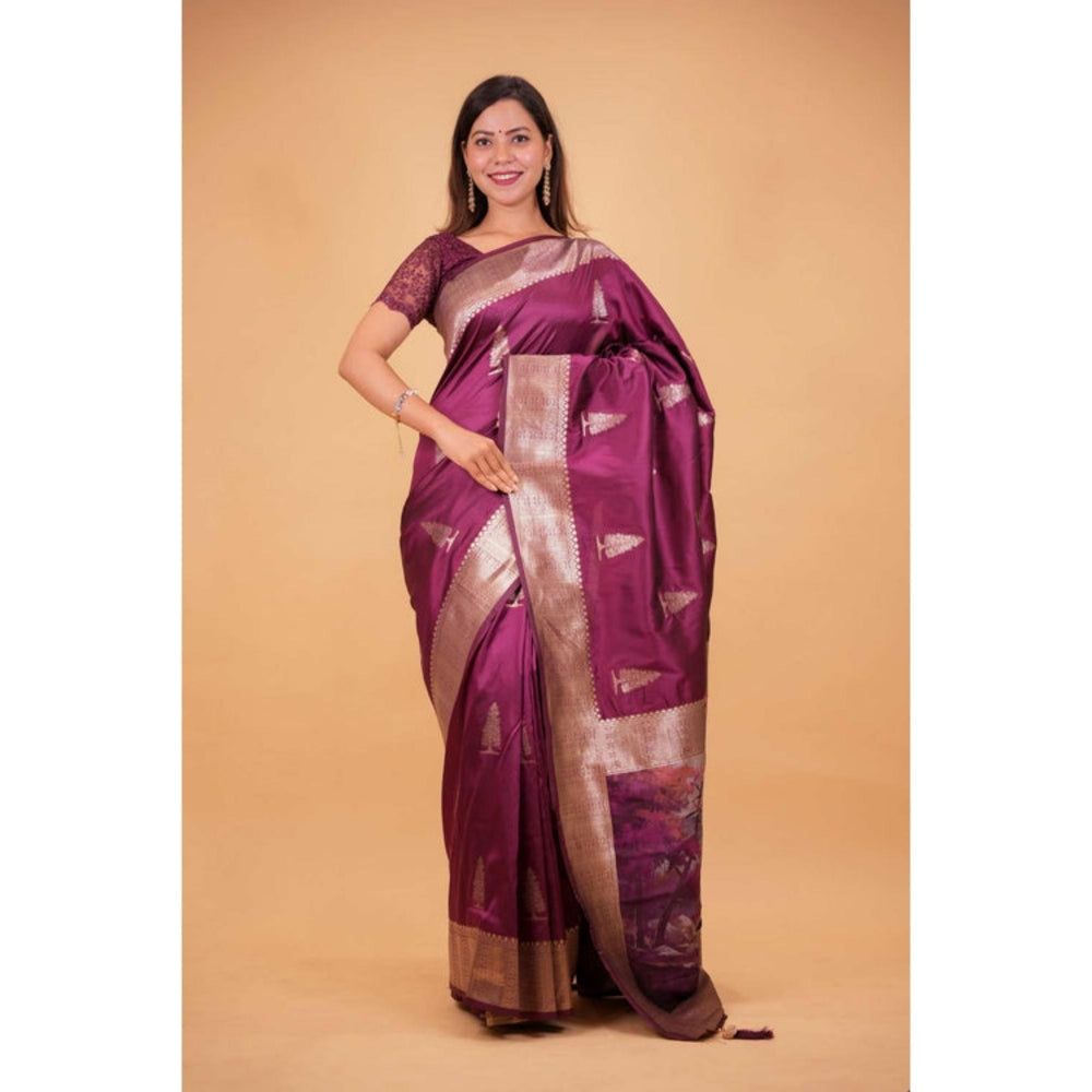Isadora Life Womens Woven Zari Purple Pre-Draped Saree With Unstitched Blouse